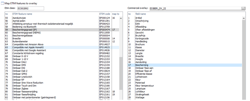 Catalogger ETIM feature mapping scherm